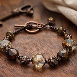 Vintage Glass Crystal Beaded Bracelet Boho Copper Toggle
